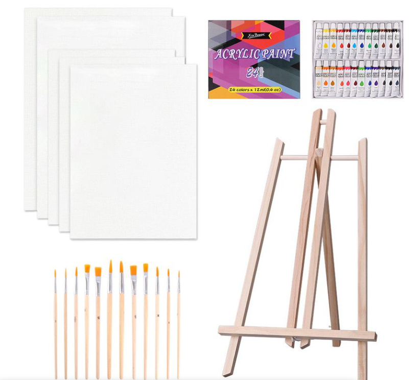 Art Easel Painting Kit with Acrylic Paints, Wooden Easel, Oil Painting Canvas